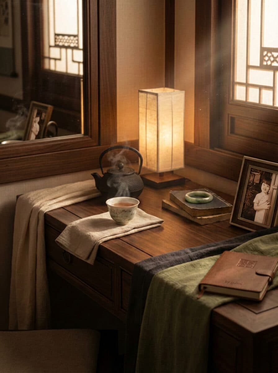 A warm scene with tea, a sandalwood comb, and a jade bracelet on a wooden table near a window